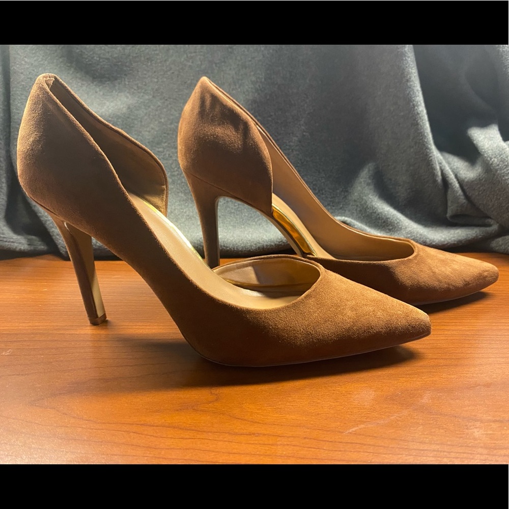 Brown suede heels with gold accents